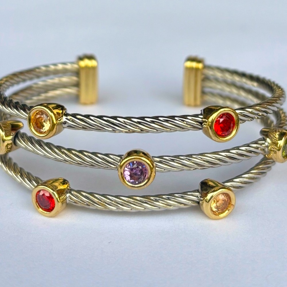 Gold and Silver Twisted Wire Bracelets with Gemstone Accents